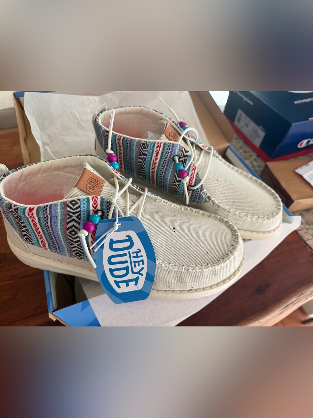 NWT Hey Dude Cream Canvas Ankle Boat Shoes with Multicolor Aztec Trim